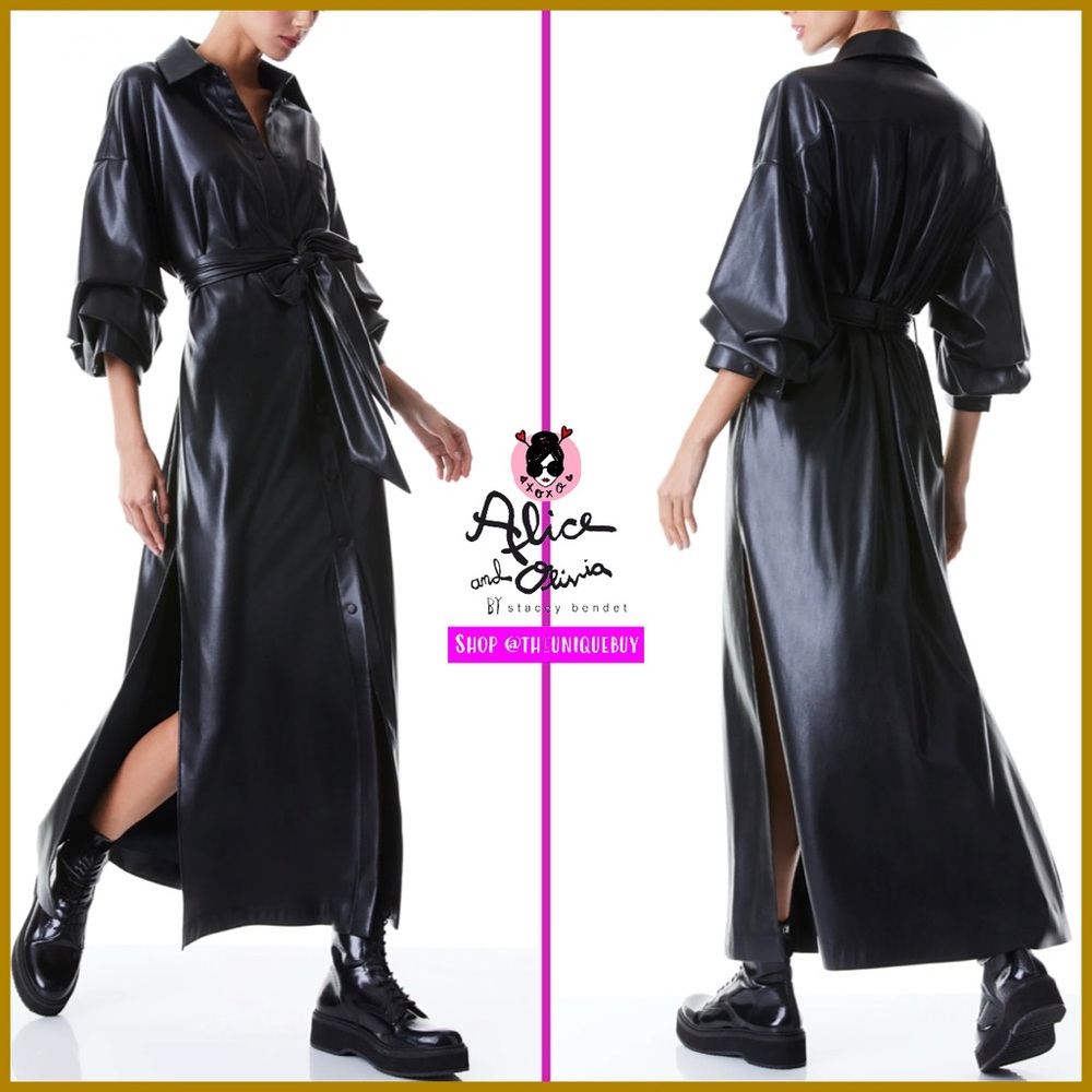 Alice + Olivia Tanika Vegan Leather Button Front Collared Black Maxi Dress - Picture 14 of 15
